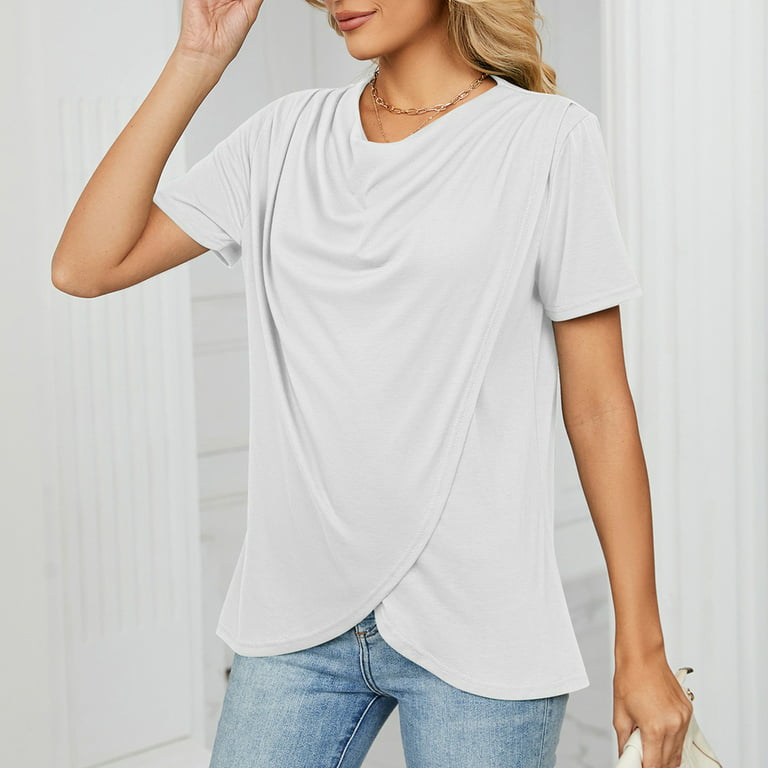 ZQGJB Summer Fashion T-Shirts for Women Casual V Neck Trendy Pullover Tops  Clearance Short Sleeve Wrap Twist Tunic Blouse Cute Plain Tee Shirt Top On