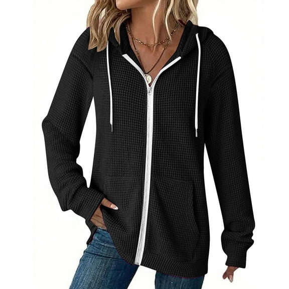 Ecqkame Women's Waffle Hoodies Lightweight Zip Up Long Sleeve Hooded Casual Jacket Solid Color Comfortable Sweatshirts Black L