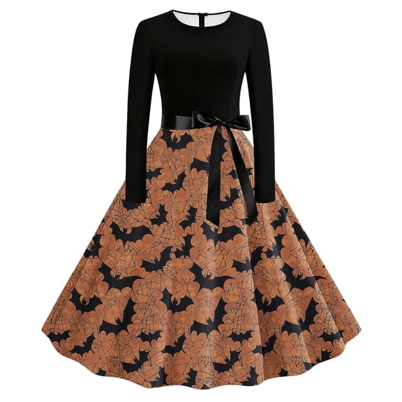 Halloween Costumes Women , Ladies Casual Dress Gothic Retro Fashion Print Long Sleeve A Line Pleated Swing Dress Round Neck Vintage Witch Party Cocktail Dresses