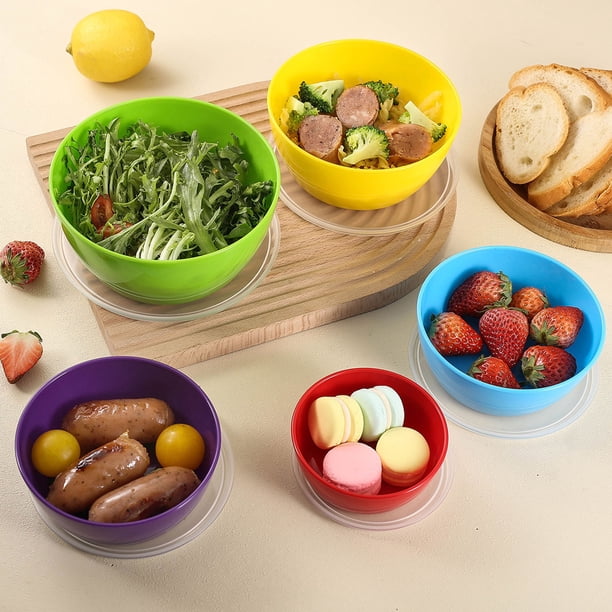 Cuencos redondos apilables de plástico para almacenar alimentos con tapas herméticas | Recipientes ovales para la frescura | Juego de 4 cuencos de almacenamiento frigorífico duraderos | Organización