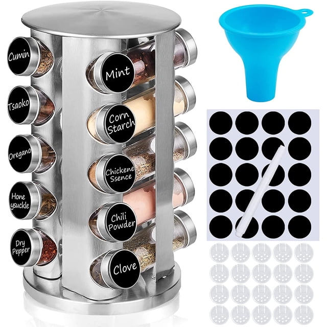 defway Spice Rack Organizer for Countertop - Stainless Steel Spice Organizer with 20 Seasoning Jars and Funnel, Large Standing Cabinet Seasoning Tower for Kitchen (20 Round)