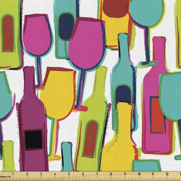 Ambesonne Wine Fabric by the Yard Upholstery, Colorful Bottles and Glasses, 1 Yard, Multicolor
