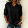 thumbnail image 2 of Womens Embroidered Cotton Linen Tops Summer Casual Boho Linen Mid Cuffed Sleeve Shirts V Neck Vacation Work Daily Blouses, XL, 2 of 8