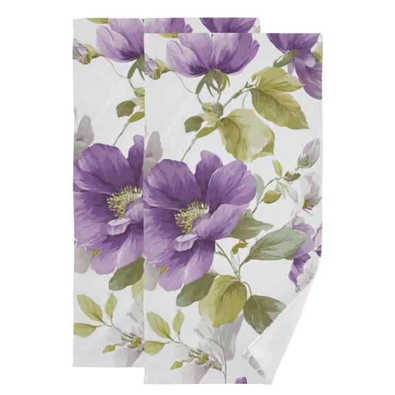 Elegant Purple Flowers Green Leaves Hand Towel Absorbent Bath Towels for Bathroom Sports Gym 28" x 14" Set of 2