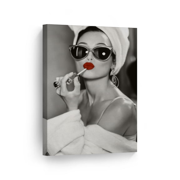 Smile Art Design Audrey Hepburn Wall Art Red Velvet Lips Canvas Print Lipstick Makeup Iconic Pop Art Pretty Beauty Black and White Wall Art Living Room Bedroom Wall Decor Ready to Hang - 40x30