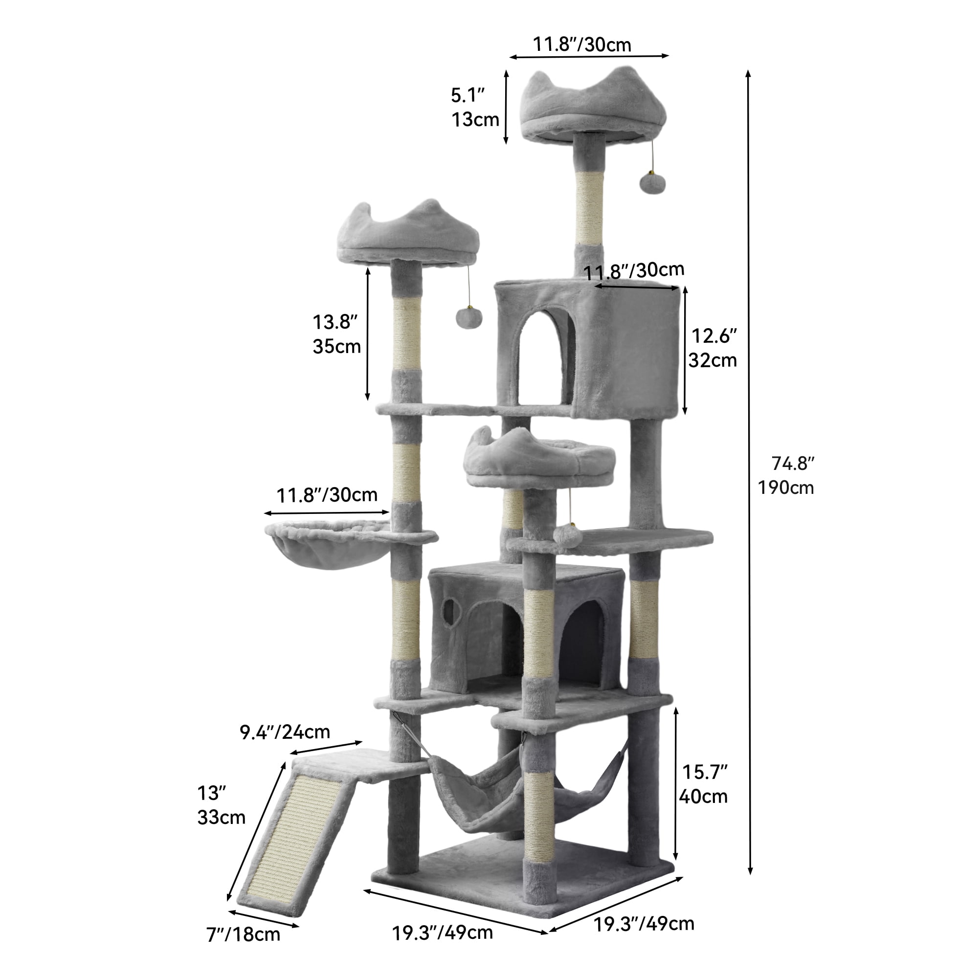 75" Multi-Level Cat Tree Tower with Cat Condos, Perches, Hammocks, Scratching Posts Board, Large Cat Activity Center,Light Grey