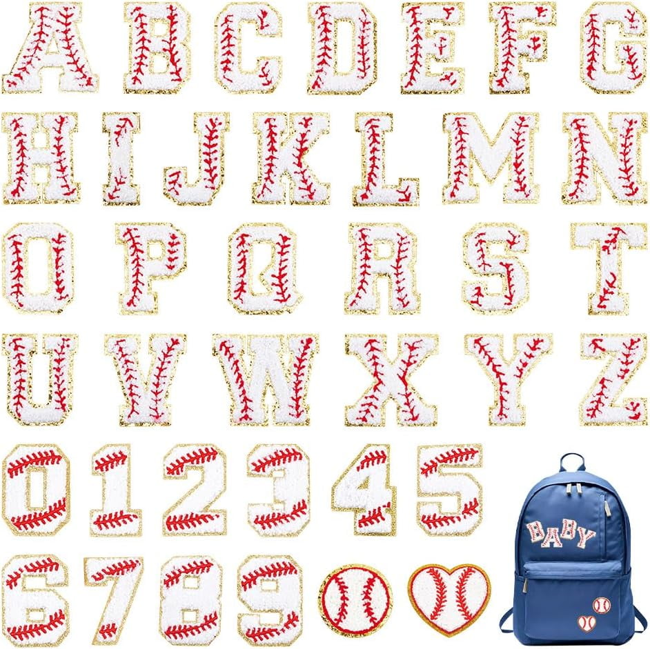 38 pcs Letter Patches Ball Softball Patches Iron on Letter Chenille Patches Gold Baseball Style Embroidered Patches for Clothes Backpack Hats Shirt Jeans DIY Accessories