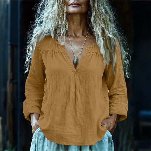 TaTaai Women's V Neck Pleated Blouse, Linen Feel Long Sleeve Top, Wrinkled Textured Shirt for Spring and Summer Fashion Gift