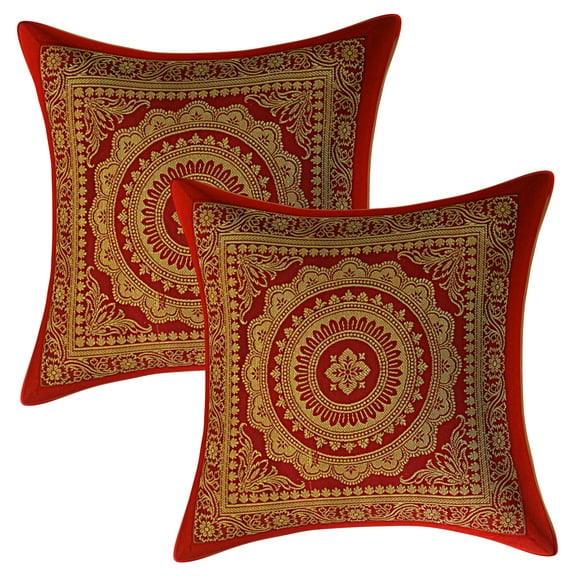 Stylo Culture Indian Decorative Sofa Brocade Burgundy Maroon And Gold Throw Pillow Covers 12x12 Jacquard Weave Banarasi Christmas Pillow Covers Mandala Floral 30x30 cm Cushion Covers (Set Of 2)