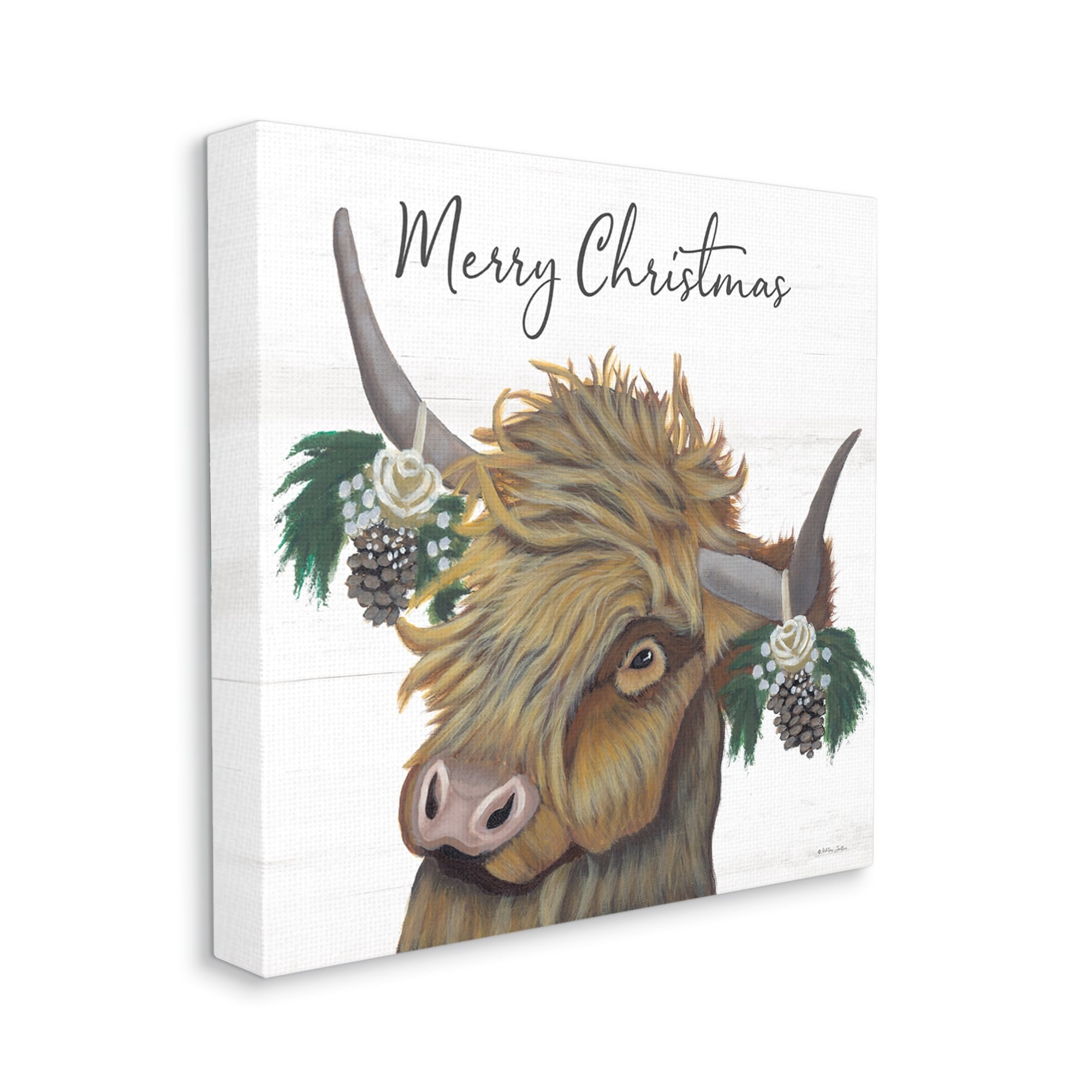 Merry Christmas Country Longhorn Cattle Cow Pinecones Inspirational Painting Gallery-Wrapped Canvas Print Wall Art