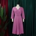 thumbnail image 3 of AURA Plus Size V Neck Pleated Midi Dress High Waist Belted A Line 3 4 Sleeve Elegant Summer Work Dress with Zipper, 3 of 10