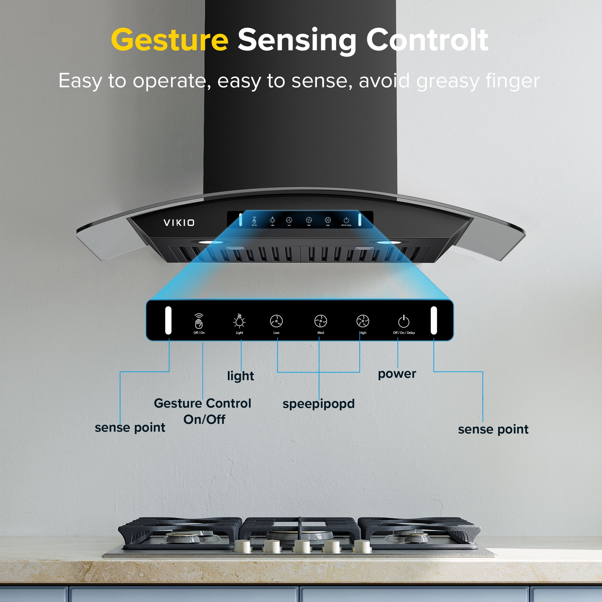 VIKIO 30 inch Wall Mount Range Hood, Stainless Steel and Glass, 800 CFM, 3-Speed, Ducted, Gesture Sensing Control&Touch Pad, Black