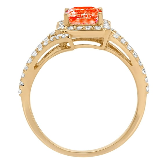 1.935 ct Emerald Cut Simulated Red Diamond Solitaire with Accents Engagement Ring for Women in 18K Yellow Gold