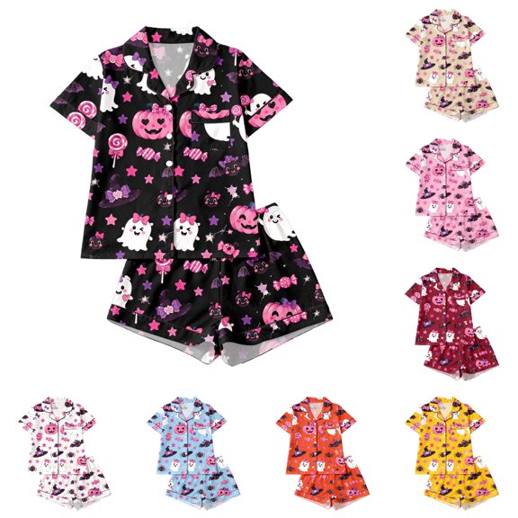 CUZIBR Toddler Pajamas For Girls Halloween Short Sleeve Bow Print Button Down Shirt And Shorts 2 PC Sleepwear Ghost Pumpkin Spider Graphic Lapel Smooth Cozy Party Daily Nightwear,Black,3-4 Years