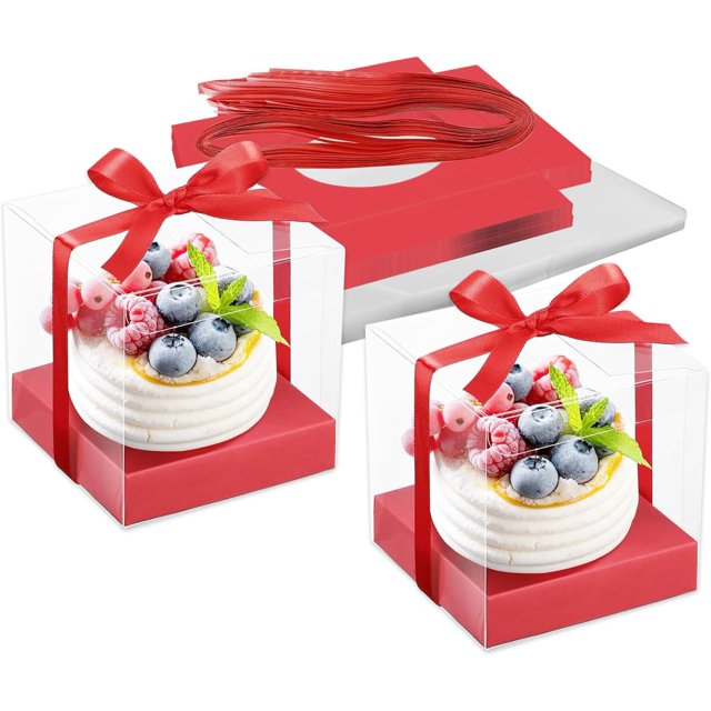 SINGOMON 24 Pcs Boîtes Transparentes Boîtes à Cupcakes de 3 Pouces avec Ruban Rouge et Insert pour Gâteau Boîtes à Cupcakes Rouges Porte-Cupcakes Carrés Transporteur de Cupcakes Boîtes-Cadeaux en Plastique Boîtes à Macarons Boîtes de Boulangerie