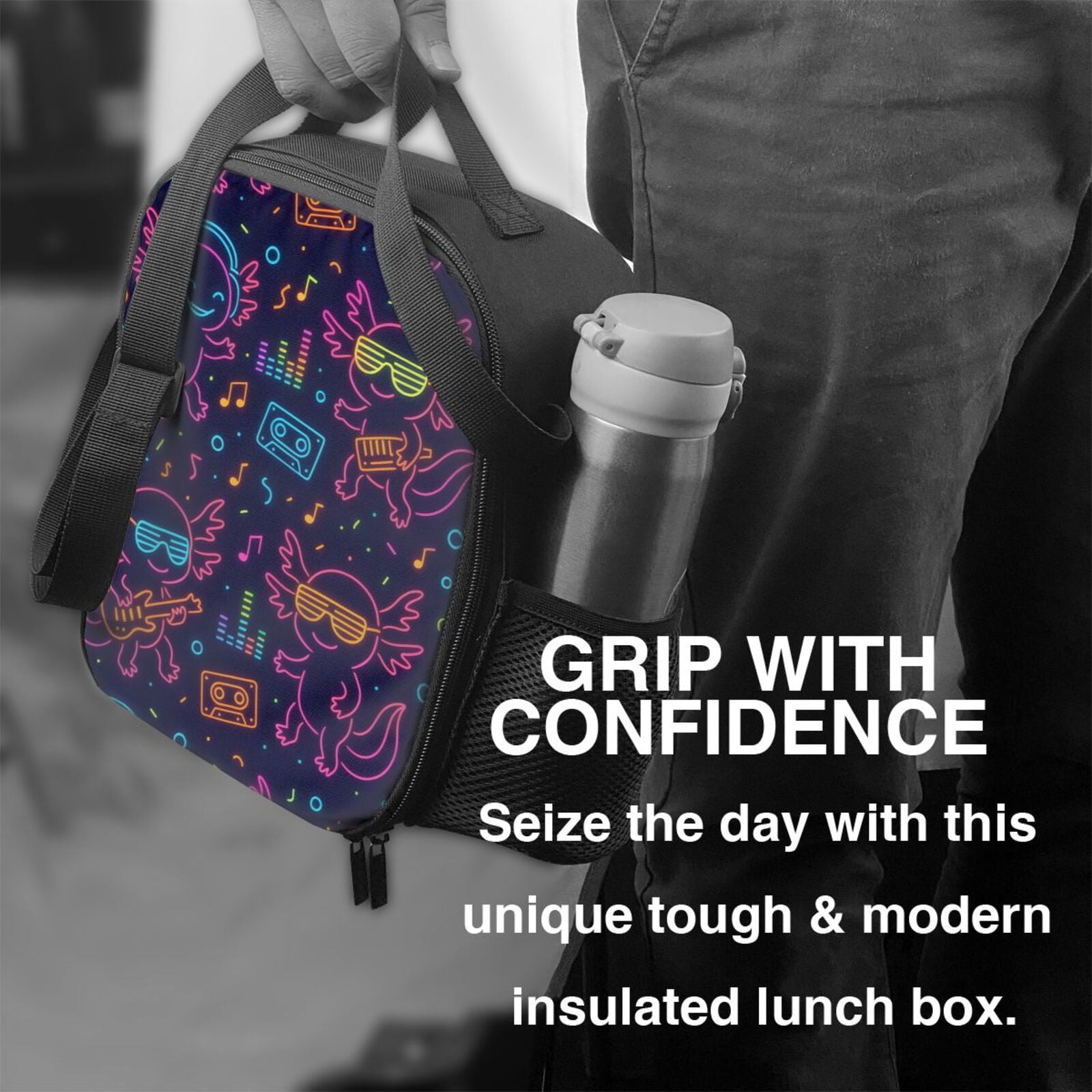 Thermal Insulation One Shoulder Portable Bento Bag Can Be Reused 8×10.5in For Carrying Drinks Bento Box Fruit Snacks Neon Party Axolotls - 80s Synthwave