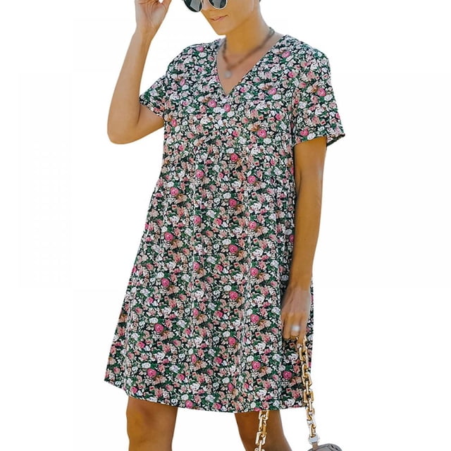 MesaSe Femmes Mini Robe - Mignon Boho Manches Courtes V Robe Florale Robe de Plage Décontractée Robe de Balançoire