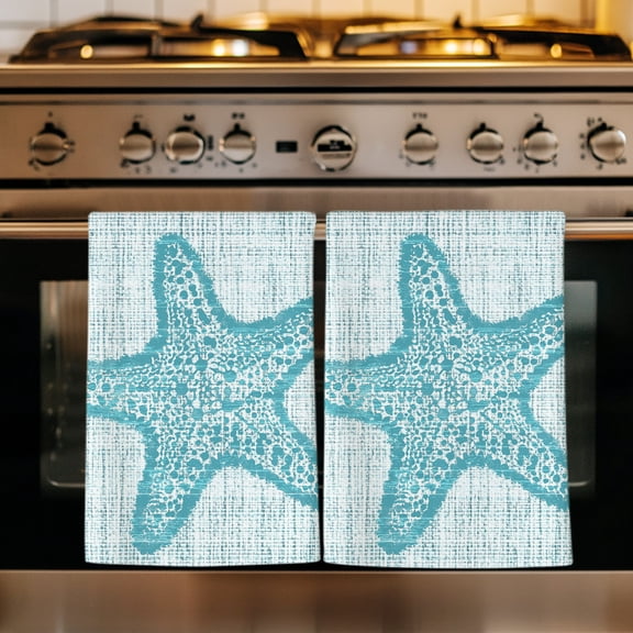 Teal Starfish Kitchen Towels Set of 4, Vintage Gray Farmhouse Coastal Summer Absorbent Dish Towels for Kitchen, Microfiber Hand Towel, Quick Drying Tea Towel for Cleaning Decorative Dishcloths
