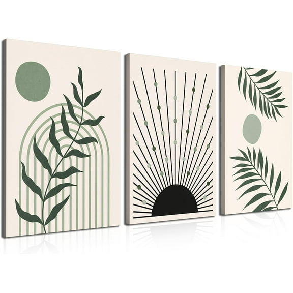Boho Sage Green Wall Posters & Prints, 12x16 Inch Boho Wall Art Set of 3 Canvas Wood Framed Botanical and Minimalist Pictures, Wall Decor for Living Room, Bedroom, Bathroom, Kitchen, Office
