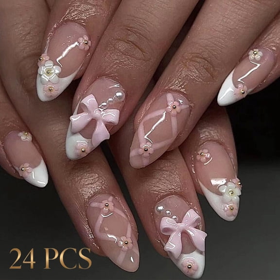 French Tip Press-On Nails, Almond,multicolor,Medium Length, 24 Count