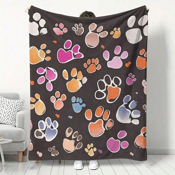 HELLOYOUNG Plush Flannel Throw Blanket Soft Lightweight Warm Cozy Paw Print Decor for Sofa Bed Travel Outdoor All-Season Gift