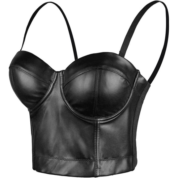 PU Leather Bustier Crop Top Gothic Punk Push Up Women's Corset Top Bra Black