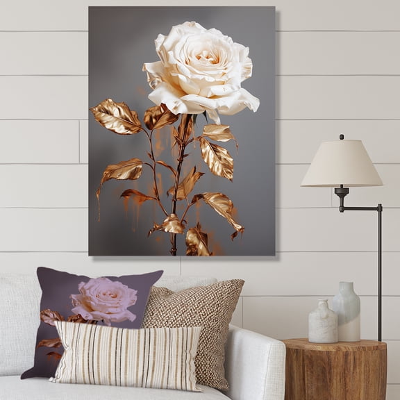 Designart "Elegance in White & Gold Rosegold Roses" Floral Canvas Wall Art - Traditional Gold Rose Entryway Wall Art