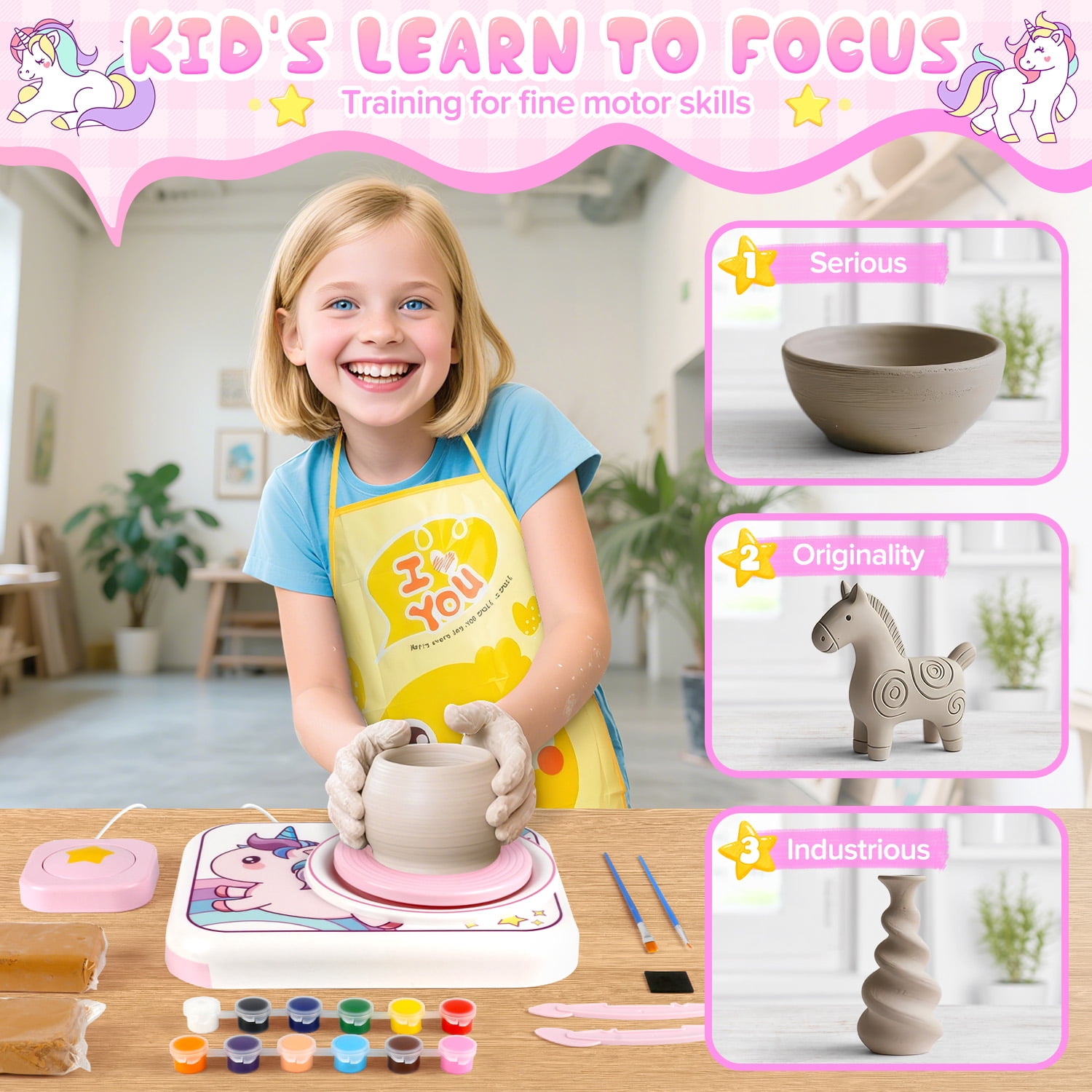 Huge Wave Pottery Wheel for Kids Ages 6-12, Unicorn Arts and Crafts Kit for beginners with 4 Clays and Sculpting Tools, Ideal Birthday Gifts Toys for Girls
