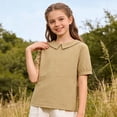 thumbnail image 6 of Ruyang Teen Girls Cotton Linen Short Sleeve Lapel Solid Baggy T Shirts Summer Lightweight Breathable Workout Tee Tops, 6 of 9