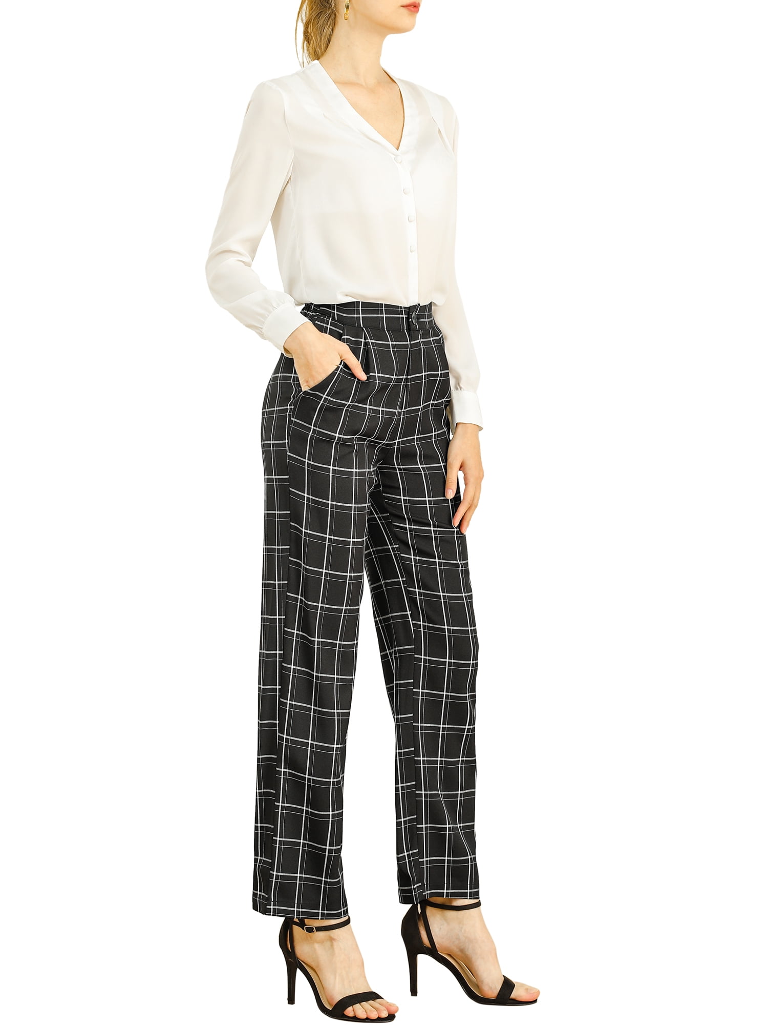 DARING DIVA Women's Plaid Trousers Pockets Straight Leg Casual Pant M Black