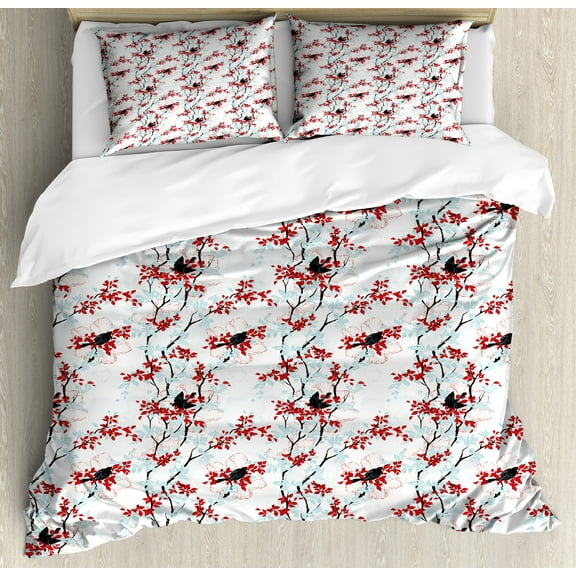 Spring Duvet Cover Set, Vintage Chinese Shabby Form Tree with Hummingbirds Flower Leaf Branch Image, Decorative 3 Piece Bedding Set with 2 Pillow Shams, Queen Size, Pale Blue Red White, by Ambesonne