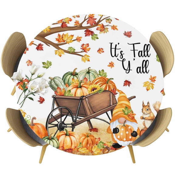 Fall Pumpkins Round Tablecloth, Fitted Table Cover with Elastic for 55"-60" Round Tables, Thanksgiving Gnomes Autumn Maple Country Rustic Table Cloth Outdoor Dinning Party Waterproof Tablecloths