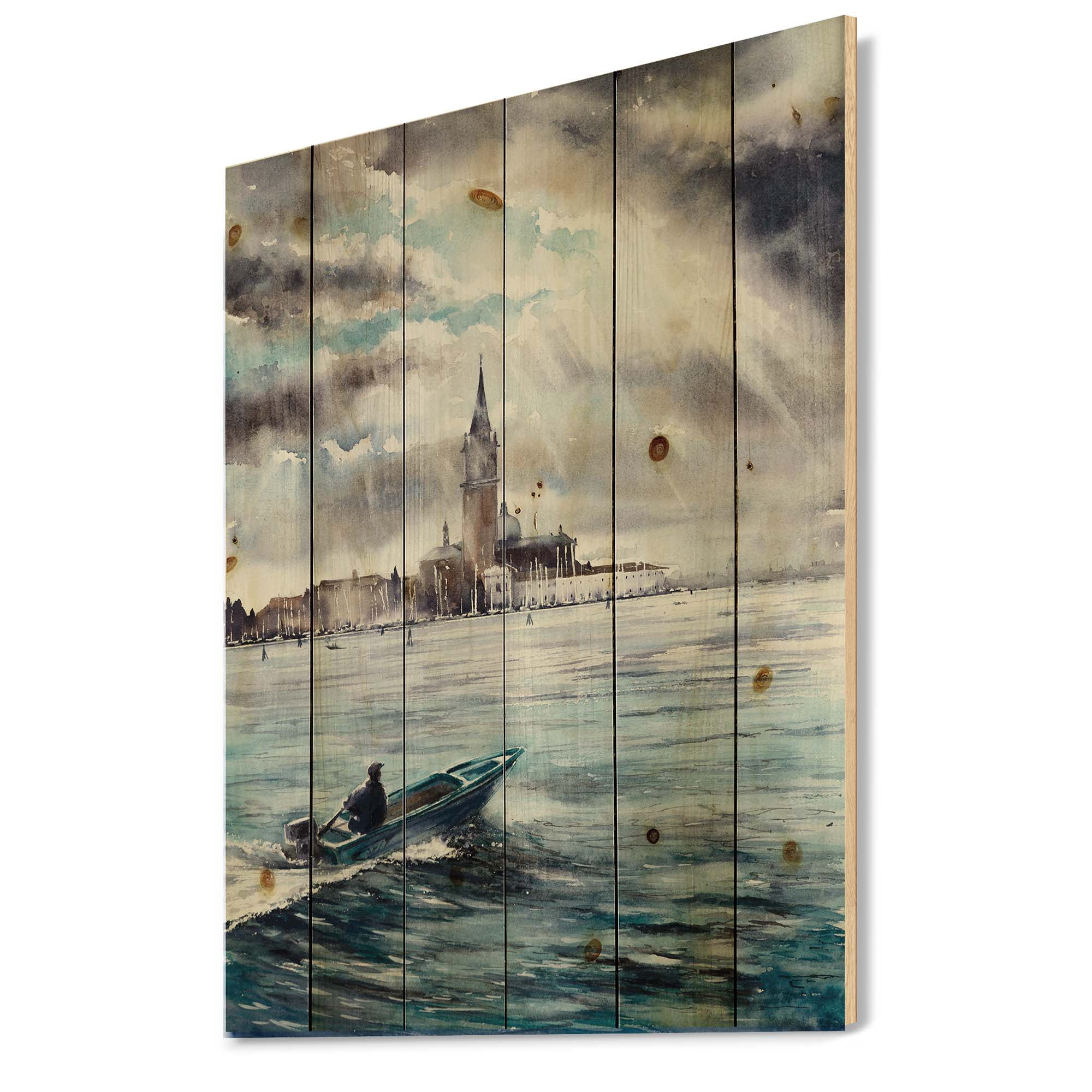 Designart 'Boat Returning In Storm Over Venice In Italy' Nautical & Coastal Print on Natural Pine Wood