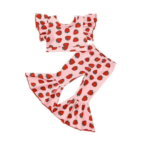

Baby Clothes For Girls Summer Sleeveless Cartoon Strawberry Prints Tops Pants 2Pcs Gloved Baby Girl Clothing Set 18-24 Months