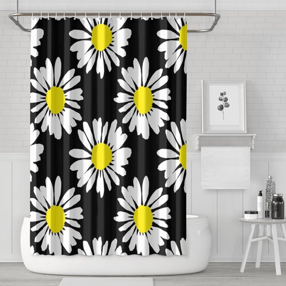 Waterproof Daisies Flower Yellow White Shower Curtain 72x72 Inch Boho Style Polyester Unique Shower Curtain for Bathroom Hotel Home Decor with 12 Plastic Hooks