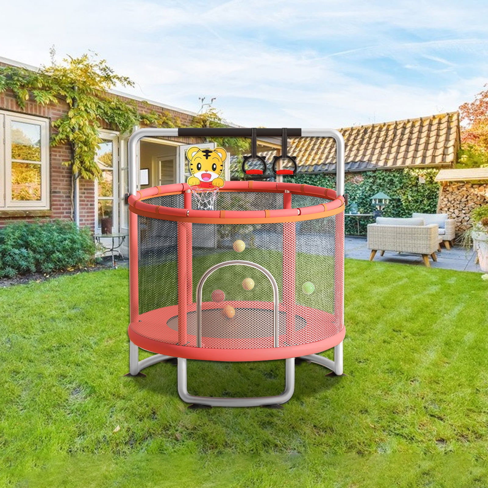 AOJA Kids Trampoline, Adjustable Baby Toddler Trampoline with Basketball Hoop, Swing, Sandbag, Ocean Balls, 440lbs Indoor Outdoor Toddler Trampoline with Enclosure Net