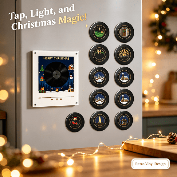 Mini Vinyl Record Player Retro Christmas NFC Magnetic Fridge Music Set, 9 PCS NFC Vinyl Discs, Built‑in Storage, Adjustable Volume, Desktop Display, Holiday Stocking Stuffer Present