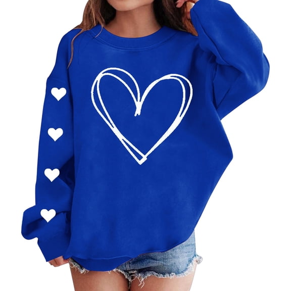GiLiling Girls Preppy Heart Sweatshirt, Oversized Pullover Sweatshirt, Kids Fall Winter Long Sleeve Cute Trendy Hoodie with Pocket (Blue, 11-12 Years)