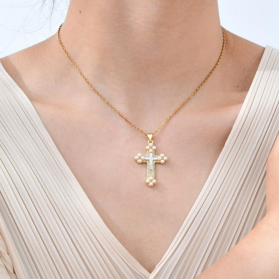 Cross Pendant Necklace for Women, Imitation Pearl Zircon White Shell Non Tarnish Jewelry Gift for Her on Valentine's Day, Birthday, Christmas