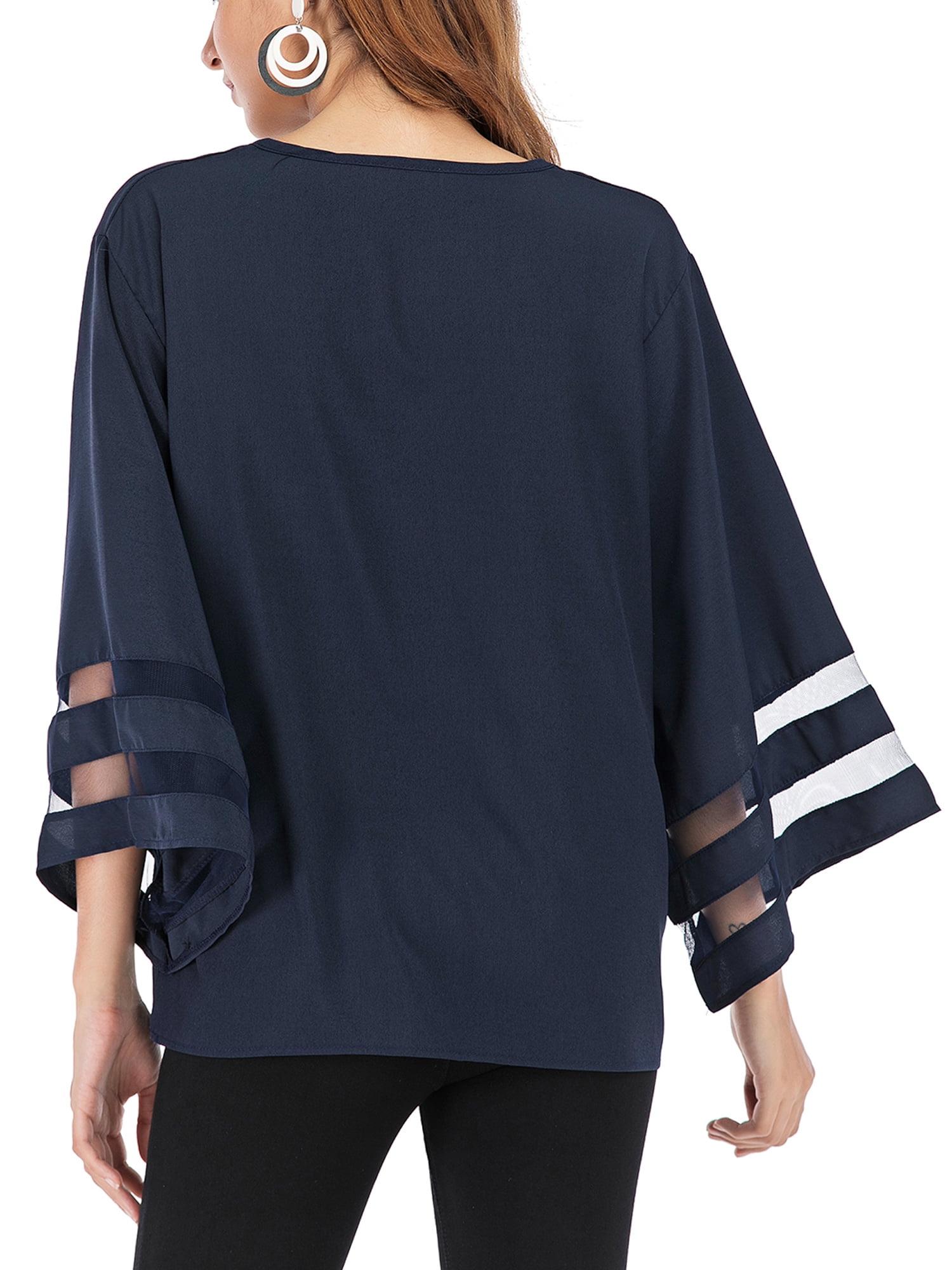 Womens Shirt Tee V Neck 3//4 Bell Sleeve Blouse and Tops Shirts with Mesh Patchwork
