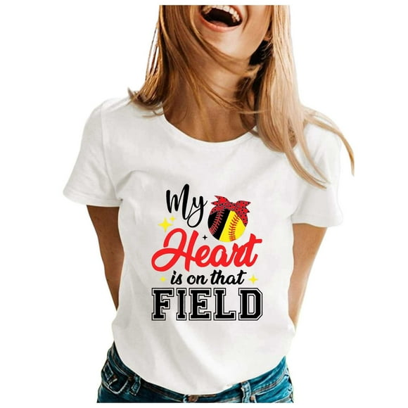 TSADFHJI Going out Tops for Women Women Fashion Baseball Mom Printed Round Neck Short Sleeve T Shirt Top L White
