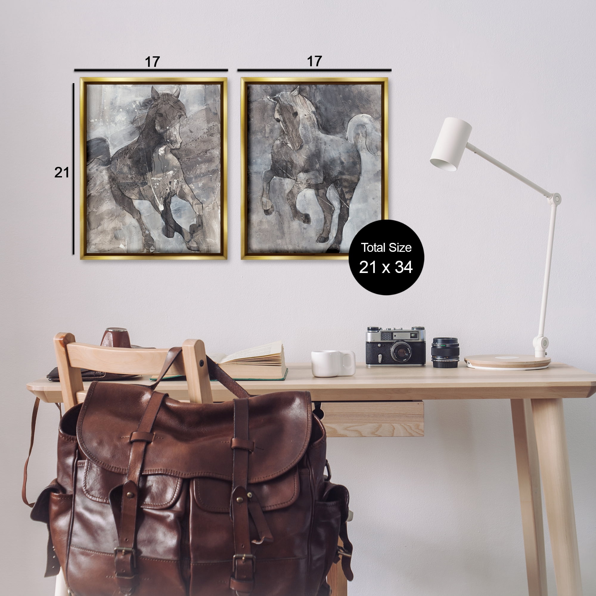 Stupell Industries Free Spirit Wind Dancer Horse Animals Painting Gold Floater Framed Canvas Art Print Wall Art, 17 x 21, Set of 2