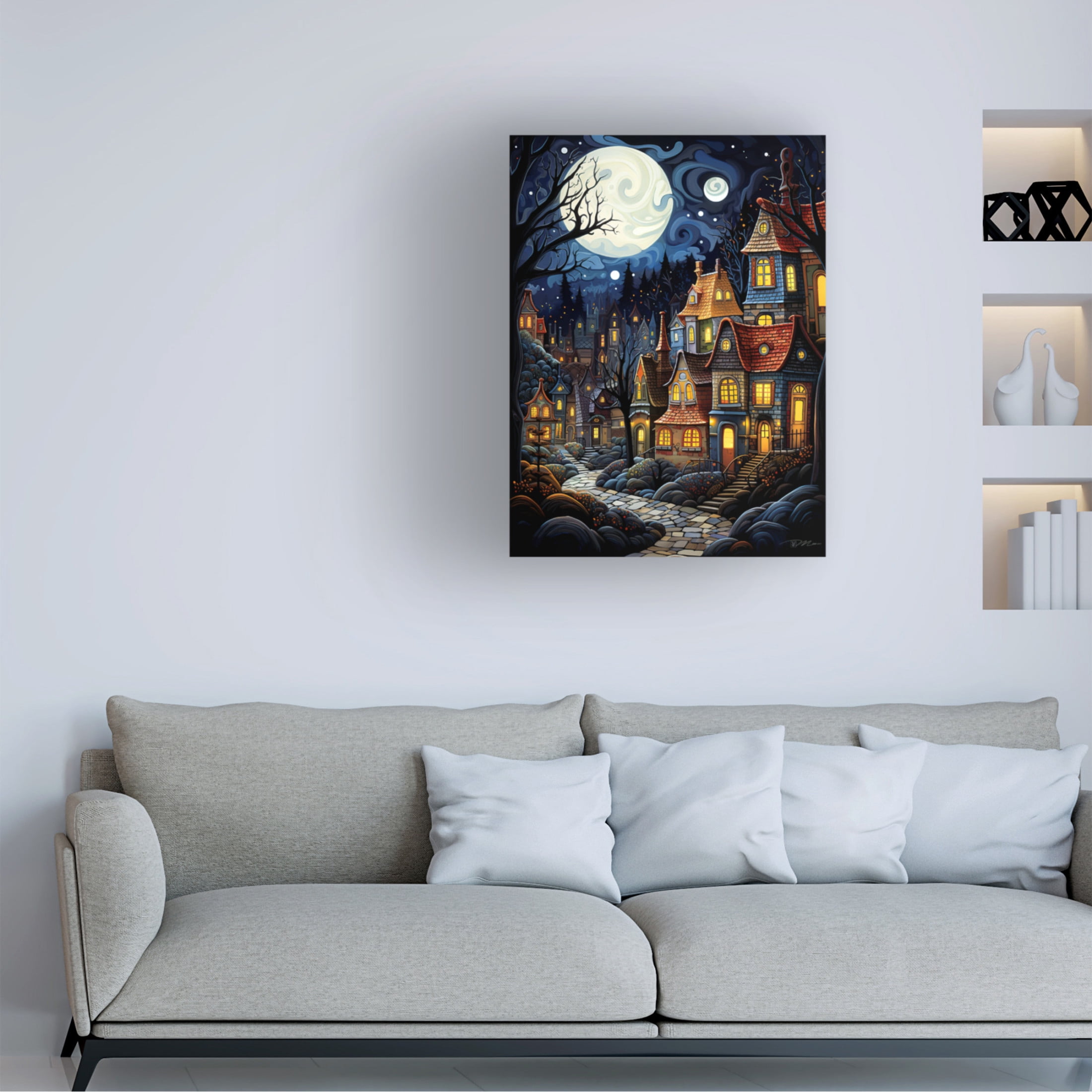 Canvas Wall Art - Momart 'Serene Village Under The Moon 3' Wall Art for Living Room, Bedroom, or Office Décor by Trademark Fine Art - 18 x 24 Inches