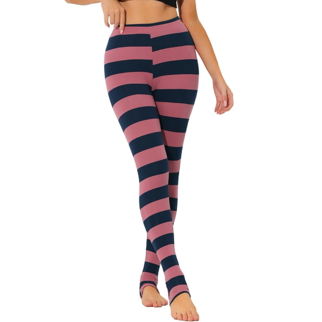 Allegra K Las polainas del traje de la Navidad de las mujeres imprimieron los pantalones del estribo de la yoga de la cintura elástica de la cintura alta Raya rosa azul marino S