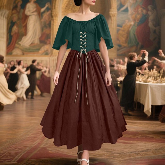Wzzjkit Chemises à Manches Longues pour Femmes Robe Médiévale Contrastée à Manches Volantes avec Ceinture Robe à une Épaule