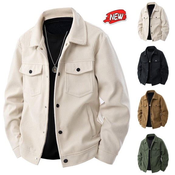 qafoshin Fleece Lined Corduroy Jacket for Men Fashion Button Lapel Collar Trucker Jacket Business Casual Solid Color Winter Coat with Flap Pockets