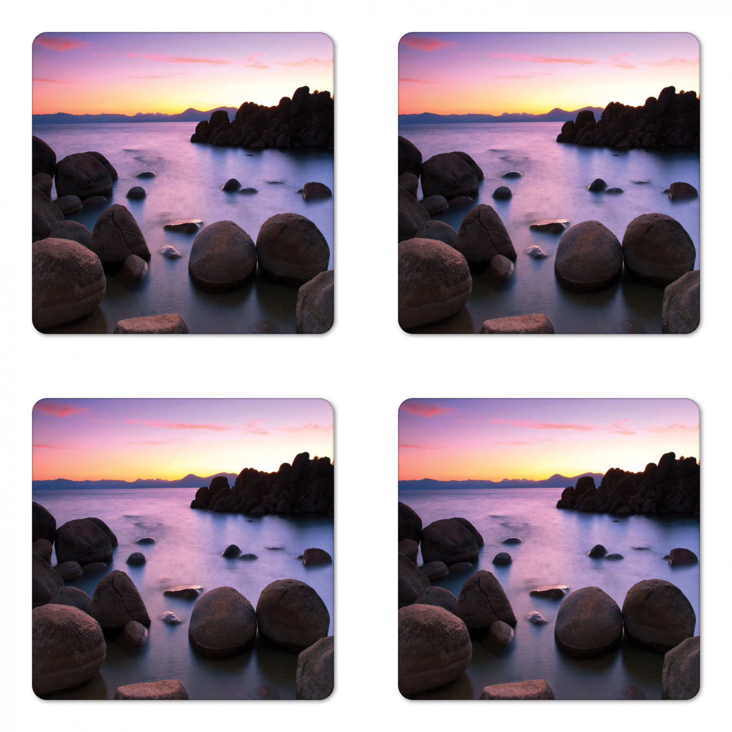 Coaster Carrying Rocksa Lake Coaster Set of 4, Long Exposure Still Lake with Big Rocks in ...