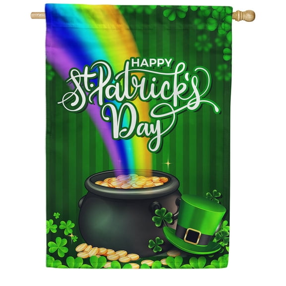 America Forever Happy St Patricks Day House Flag 28 x 40 Inch Double Sided Yard Outdoor Decoration Clover Shamrock Leprechaun Hat Rainbow Pot of Gold St. Patrick's Day Flag