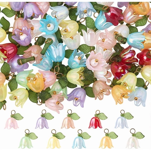 1 Box 120Pcs 10 Colors Floral Acrylic Charms Lily Flower Charms Bulk Brass Loops Plastic Blossom Spring Colorful Dangle Flowers Pendants for Jewelry Making Supplies DIY Earring Bracelet for DIY