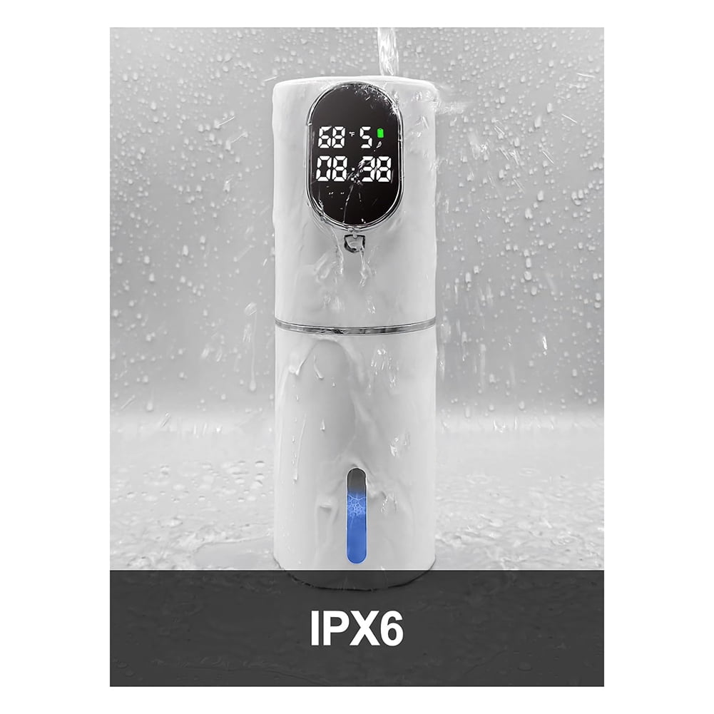 Automatic Soap Dispenser 5-Level Adjustment IPX6 Water- Foam Soap Dispenser LED Time and Temperature Display ABS White